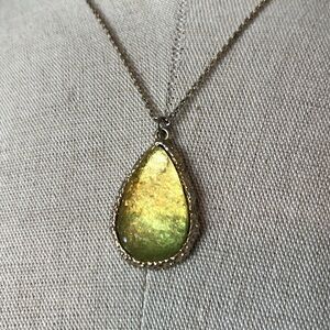 Yellow/green druzy tear drop necklace with silver tone accent
